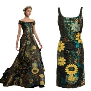 □$4,000 OSCAR DE LA RENTA EXCLUS BLACK GOLD RUNWAY MIDI DRESS US 6